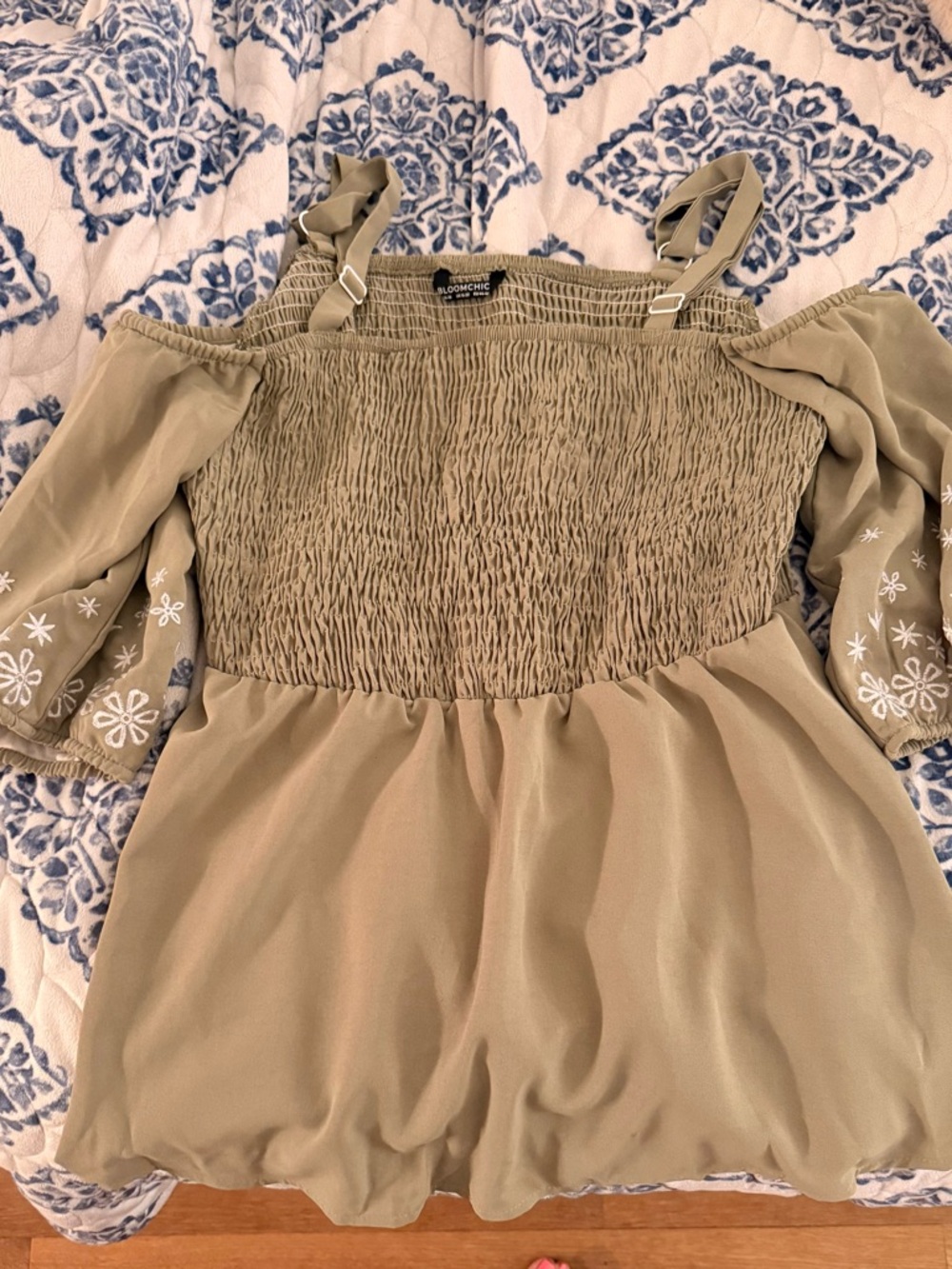 BloomChic Olive Green Smocked Off-Shoulder Top